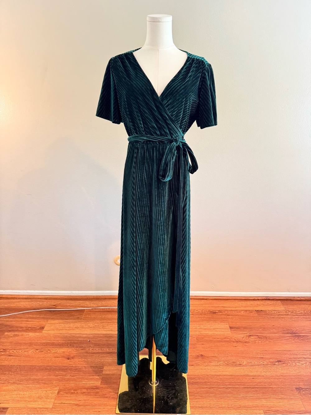 Baltic Born Green Velvet Ribbed Wrap Dress